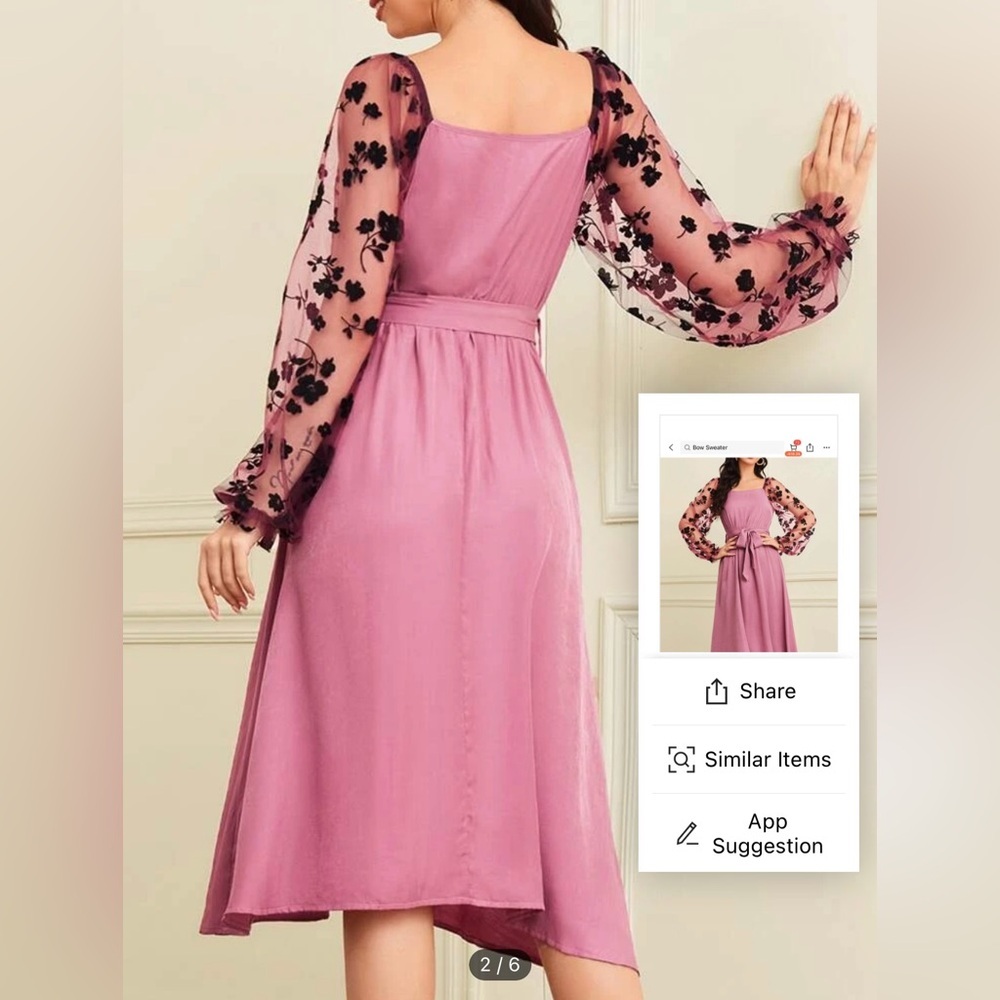 Brand New Floral Print Mesh Bishop Sleeve Belted Dress - Picture 2 of 6